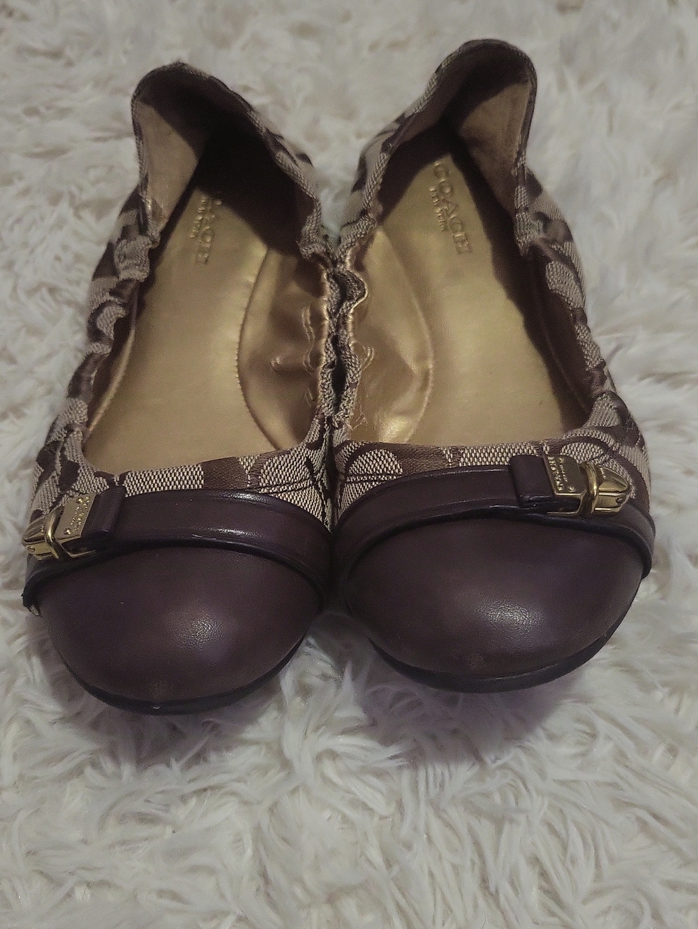 COACH Brown Signature Logo Ballet Flats with Gold Buckle